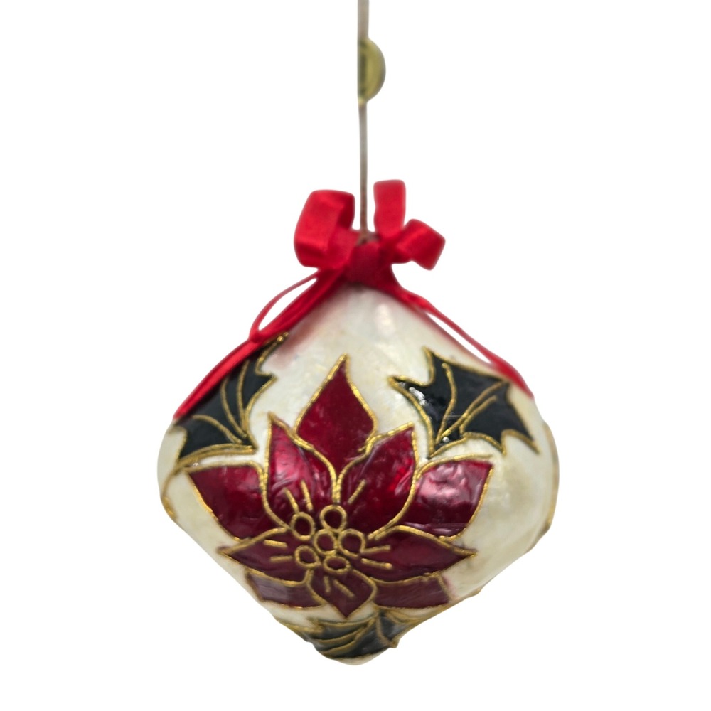 Vtg 70s Capiz Shell Poinsettia Christmas Ornament Onion Bulb Shaped Philippines